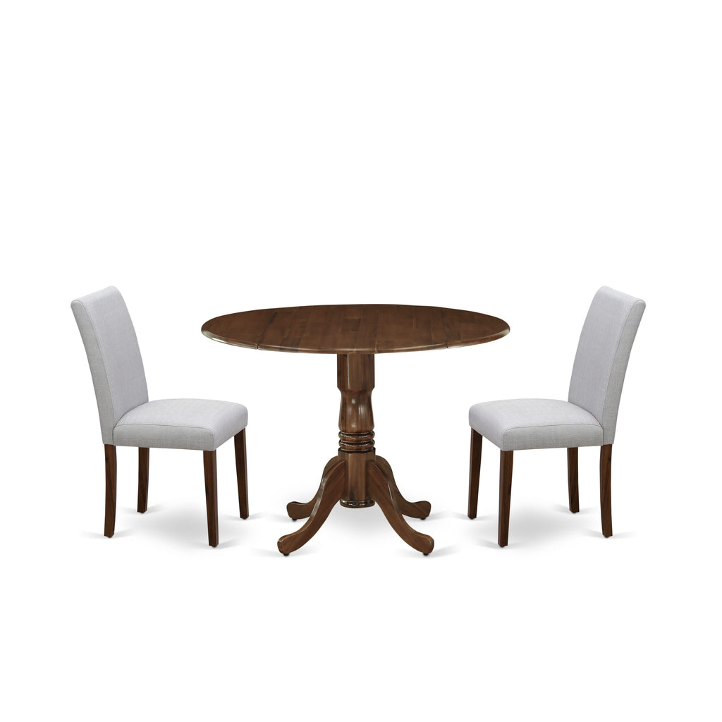 East West Furniture DLAB3-AWA-05 3 Piece Dining Table Set for Small SpacesIncludes a Round Dining Room Table with Dropleaf and 2 Upholstered Chairs, 42x42 Inch, Antique Walnut