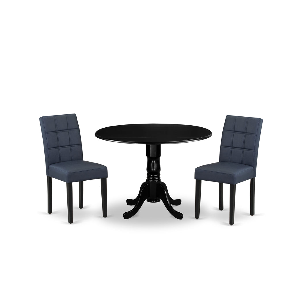 East West Furniture DLAS3-BLK-09 3 Piece Dining Table Set consists A Wood Table and 2 Dark Navy Blue Faux Leather Parson Dining Chair with Stylish Back- Black Finish