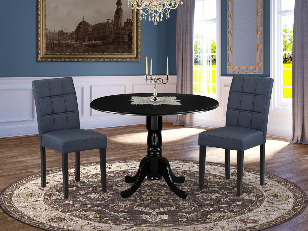 East West Furniture DLAS3-BLK-09 3 Piece Dining Table Set consists A Wood Table and 2 Dark Navy Blue Faux Leather Parson Dining Chair with Stylish Back- Black Finish