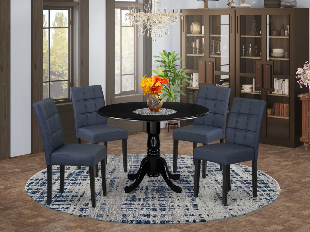 East West Furniture DLAS5-BLK-09 5 Piece Kitchen Table Set contain A Dining Table and 4 Dark Navy Blue Faux Leather Upholstered Dining Chairs with Stylish Back- Black Finish