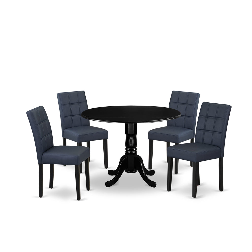 East West Furniture DLAS5-BLK-09 5 Piece Kitchen Table Set contain A Dining Table and 4 Dark Navy Blue Faux Leather Upholstered Dining Chairs with Stylish Back- Black Finish