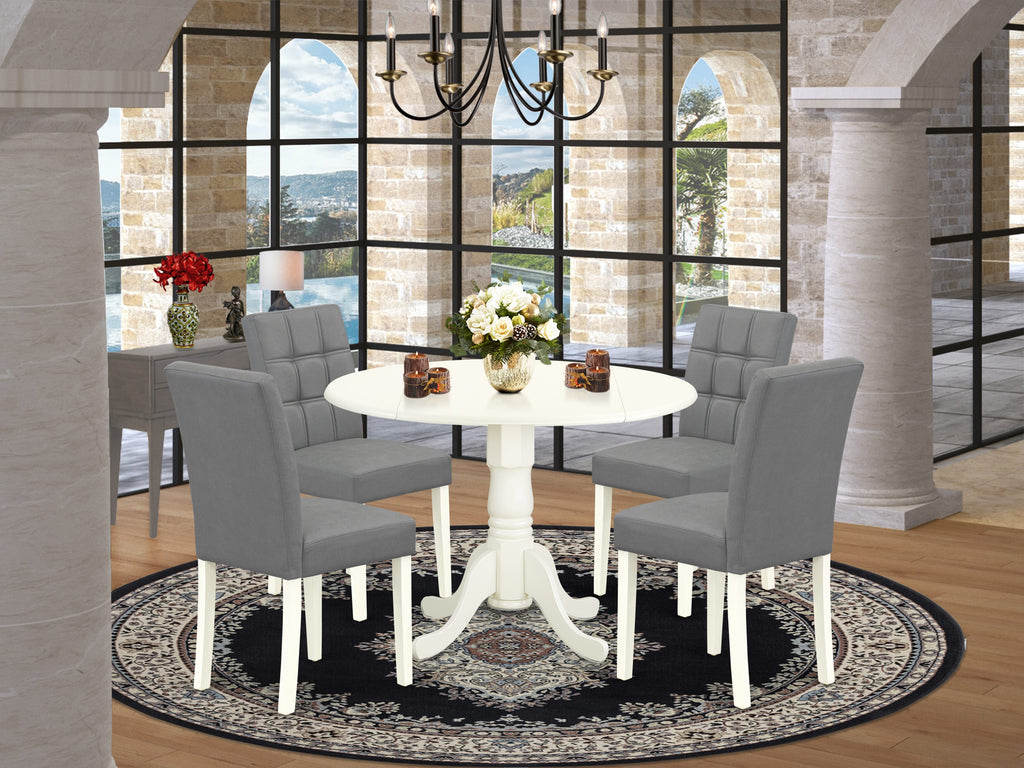 East West Furniture DLAS5-WHI-41 5 Piece Dining Table Set contain A Modern Table and 4 Platinum Gray Faux Leather Parson Chairs with Stylish Back- Linen White Finish