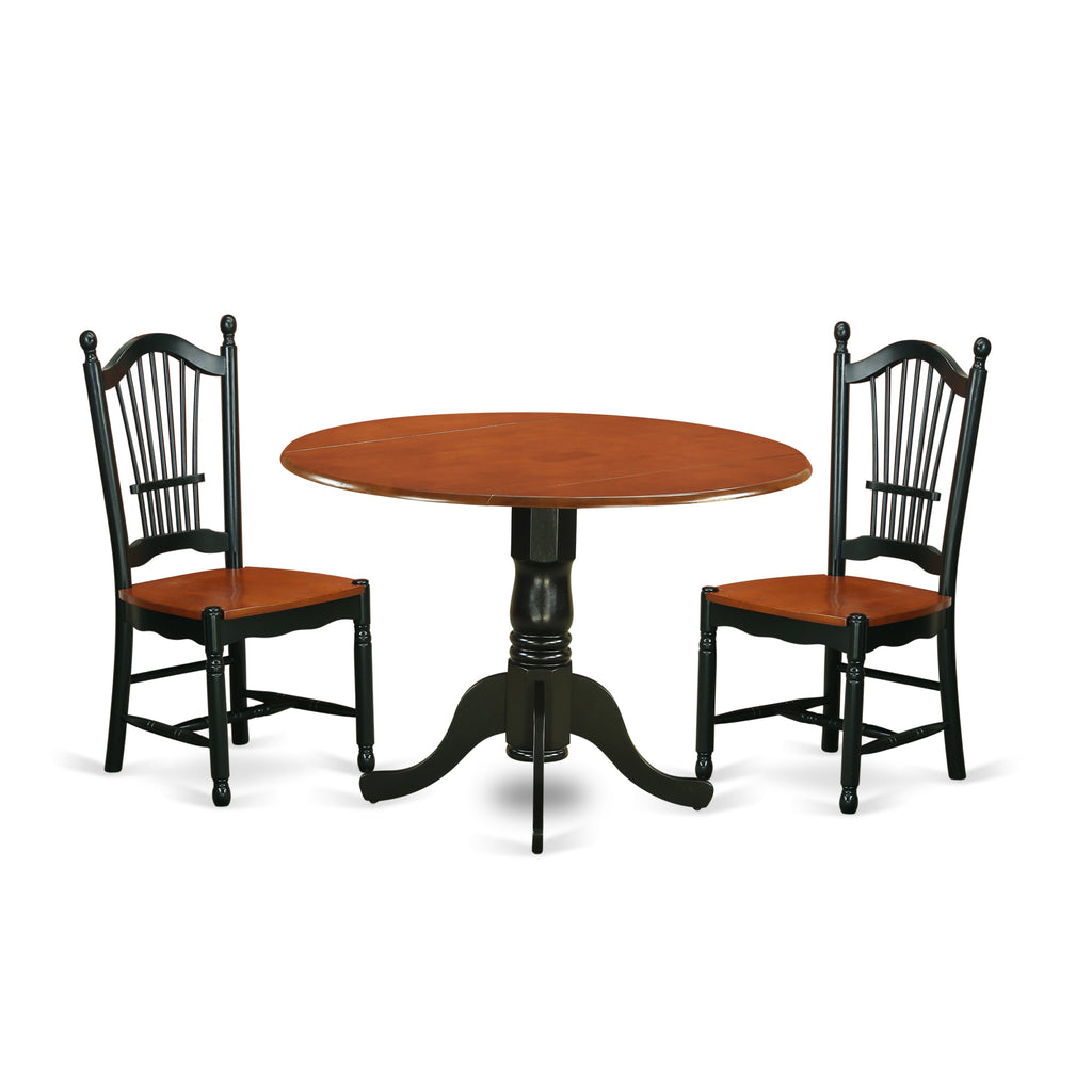 East West Furniture DLDO3-BCH-W 3 Piece Kitchen Table & Chairs Set Contains a Round Dining Room Table with Dropleaf and 2 Solid Wood Seat Chairs, 42x42 Inch, Black & Cherry