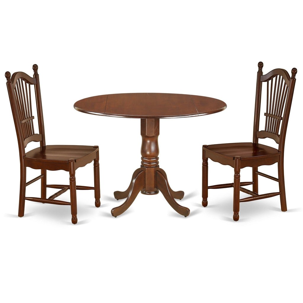 East West Furniture DLDO3-MAH-W 3 Piece Dining Room Table Set  Contains a Round Kitchen Table with Dropleaf and 2 Dining Chairs, 42x42 Inch, Mahogany