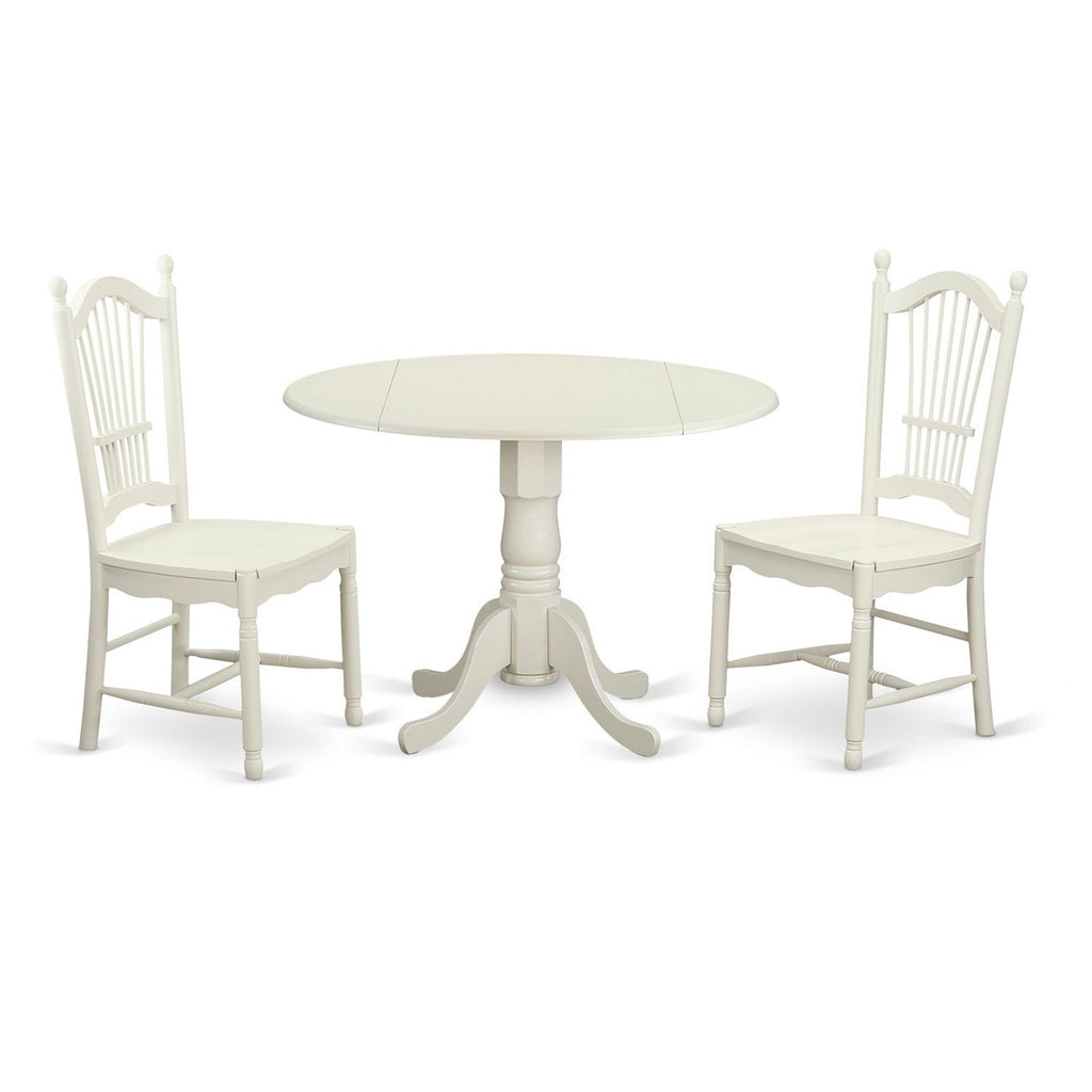 East West Furniture DLDO3-WHI-W 3 Piece Dining Room Table Set  Contains a Round Kitchen Table with Dropleaf and 2 Dining Chairs, 42x42 Inch, Linen White