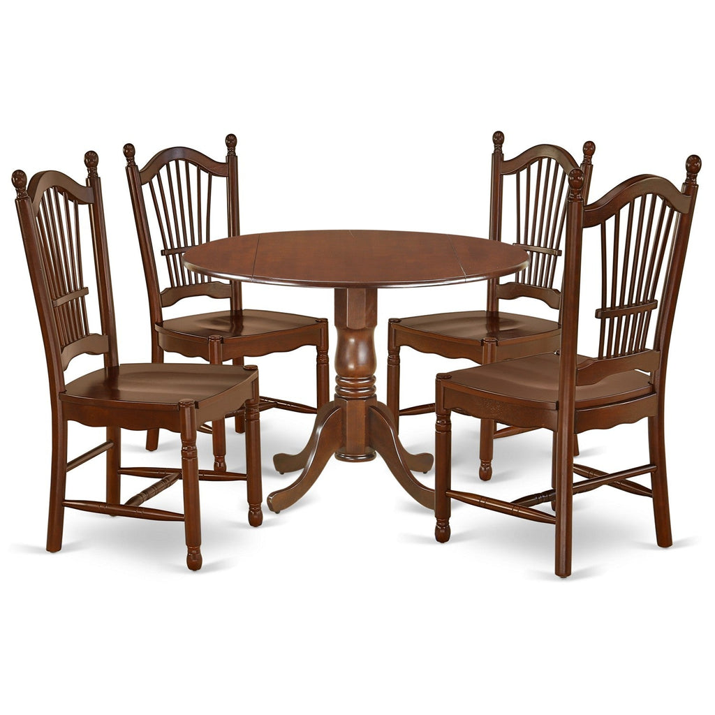 East West Furniture DLDO5-MAH-W 5 Piece Kitchen Table & Chairs Set Includes a Round Dining Room Table with Dropleaf and 4 Dining Chairs, 42x42 Inch, Mahogany