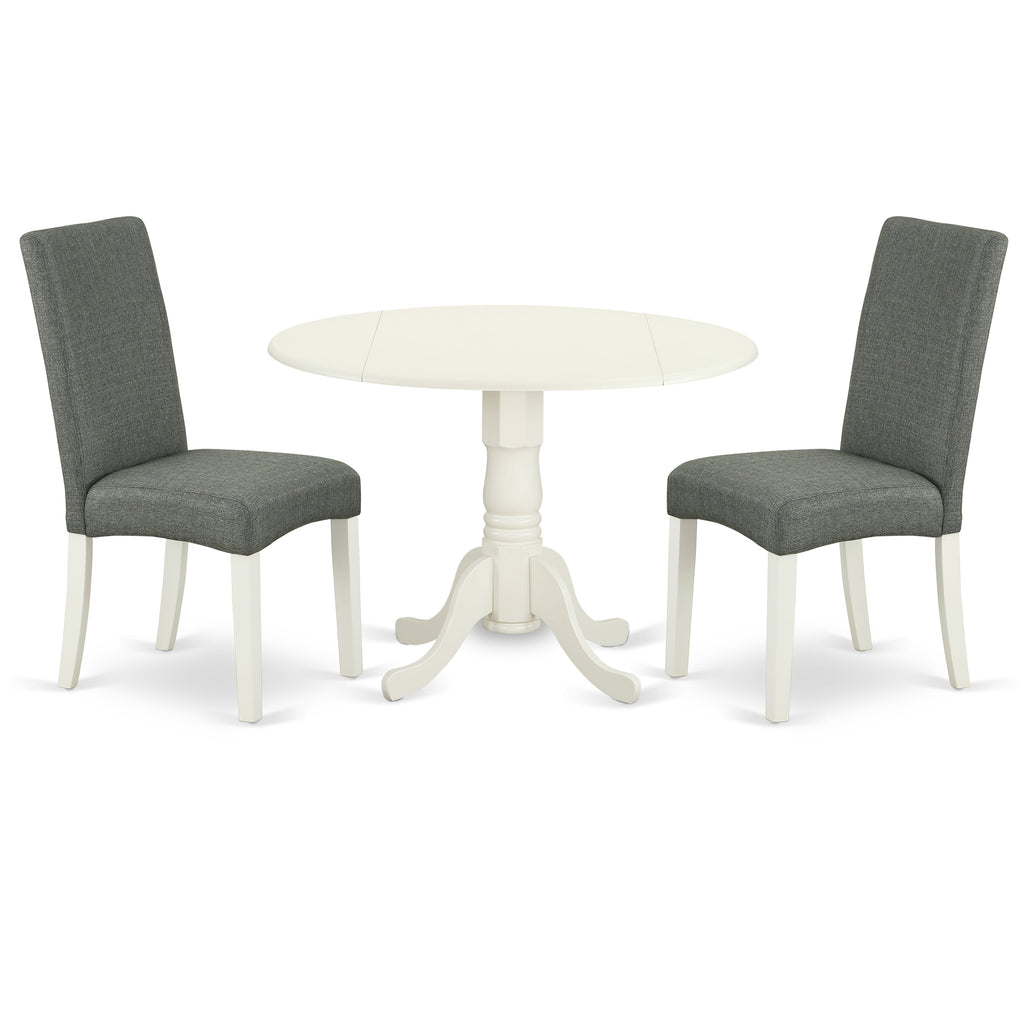 East West Furniture DLDR3-LWH-07 3 Piece Kitchen Table & Chairs Set Contains a Round Dining Room Table with Dropleaf and 2 Gray Linen Fabric Parsons Dining Chairs, 42x42 Inch, Linen White