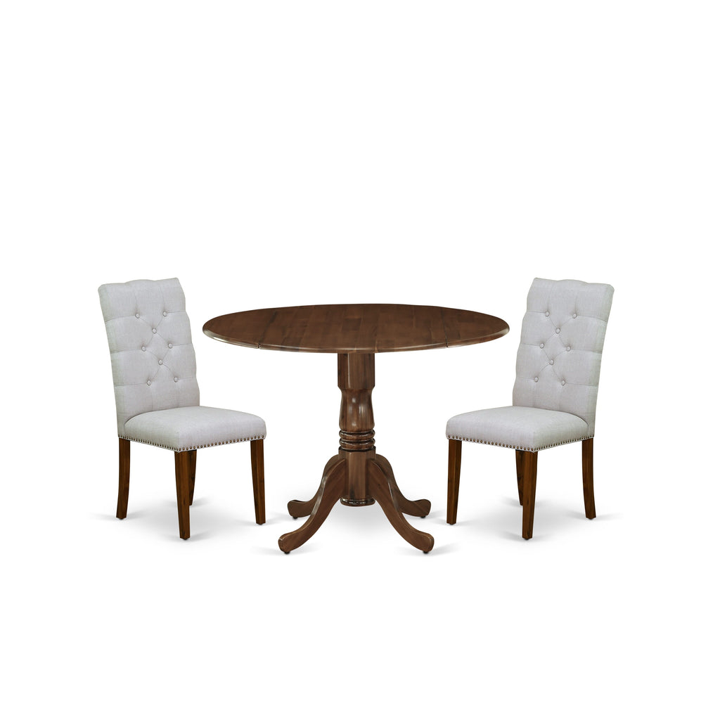 East West Furniture DLEL3-AWA-05 3 Piece Kitchen Table & Chairs Set Consist of a Round Dining Table with Dropleaf and 2 Upholstered Parson Chairs, 42x42 Inch, Antique Walnut