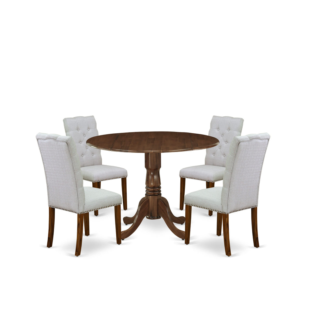East West Furniture DLEL5-AWA-05 5 Piece Dinette Set for Small SpacesIncludes a Round Kitchen Table with Dropleaf and 4 Parson Dining Chairs, 42x42 Inch, Antique Walnut