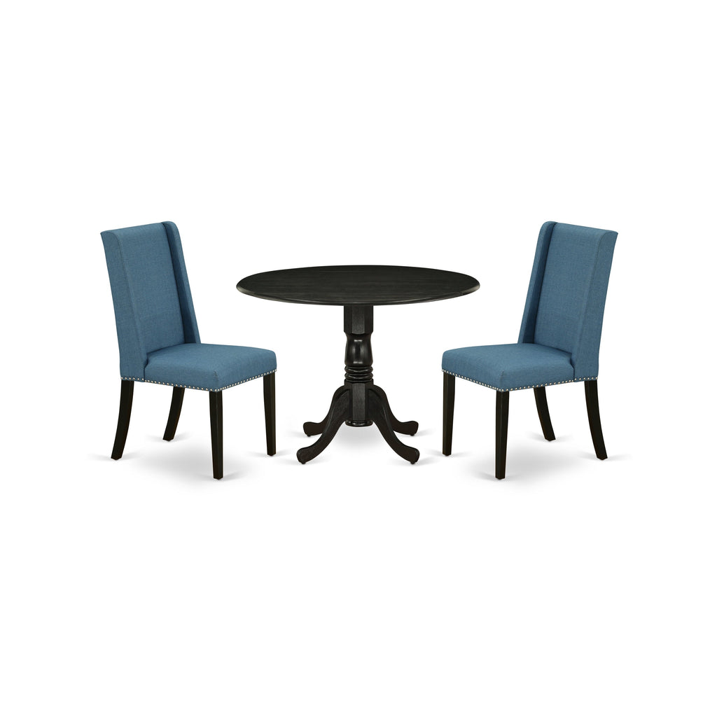 East West Furniture DLFL3-ABK-21 3 Piece Dining Room Table Set  Contains a Round Kitchen Table with Dropleaf and 2 Blue Linen Fabric Parsons Dining Chairs, 42x42 Inch, Wirebrushed Black