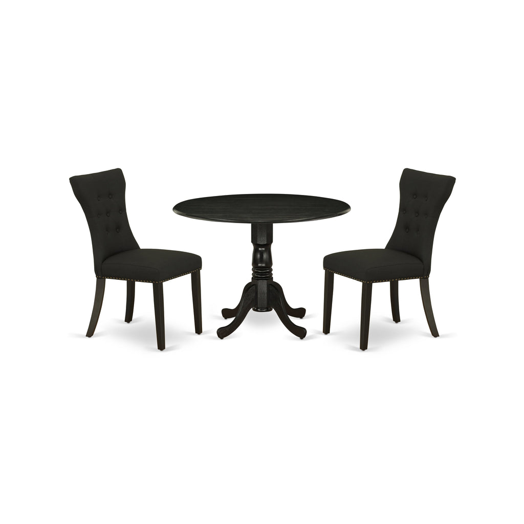 East West Furniture DLGA3-ABK-24 3 Piece Dinette Set for Small Spaces Contains a Round Dining Table with Dropleaf and 2 Black Linen Fabric Upholstered Chairs, 42x42 Inch, Wirebrushed Black