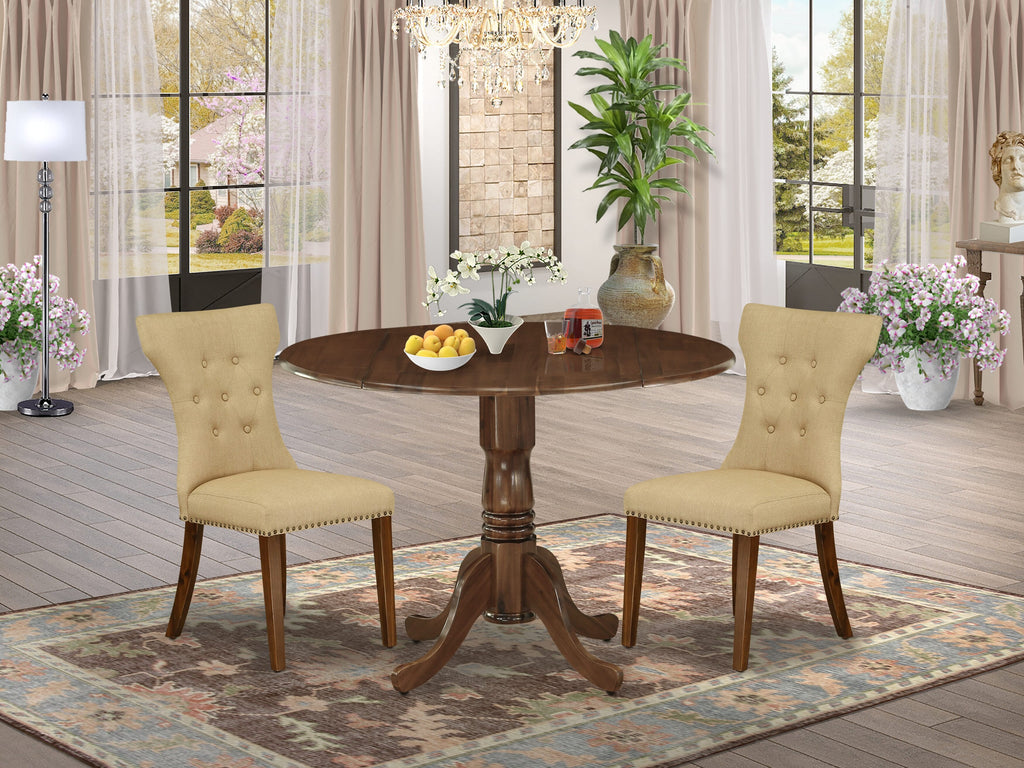 East West Furniture DLGA3-AWA-03 3 Piece Dining Room Table Set  Contains a Round Kitchen Table with Dropleaf and 2 Parson Chairs, 42x42 Inch, Antique Walnut