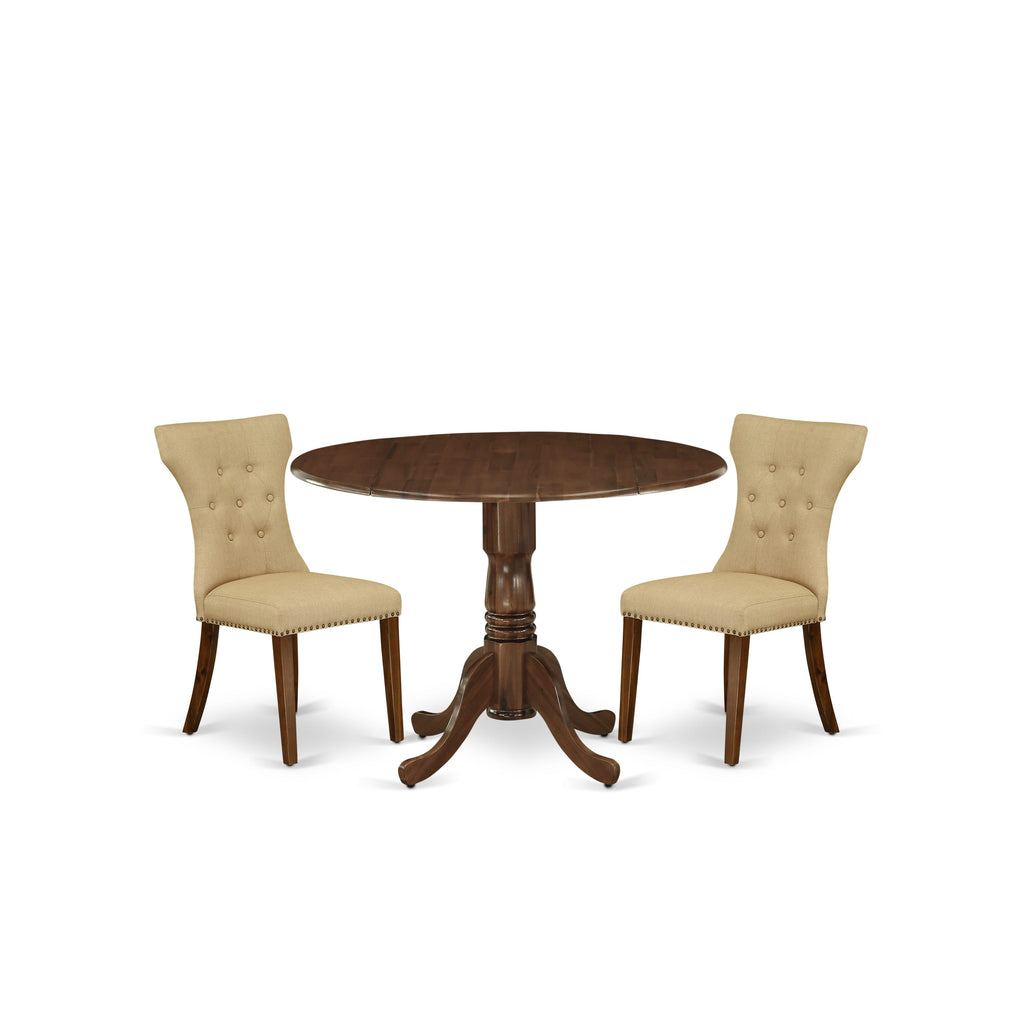 East West Furniture DLGA3-AWA-03 3 Piece Dining Room Table Set  Contains a Round Kitchen Table with Dropleaf and 2 Parson Chairs, 42x42 Inch, Antique Walnut