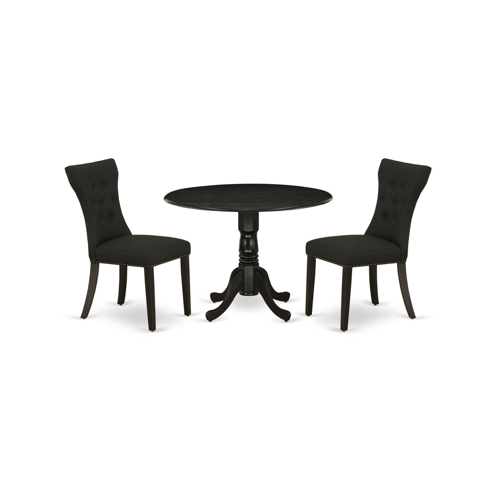 East West Furniture DLGA3-BLK-24 3 Piece Kitchen Table & Chairs Set Contains a Round Dining Room Table with Dropleaf and 2 Black Linen Fabric Parsons Dining Chairs, 42x42 Inch, Black