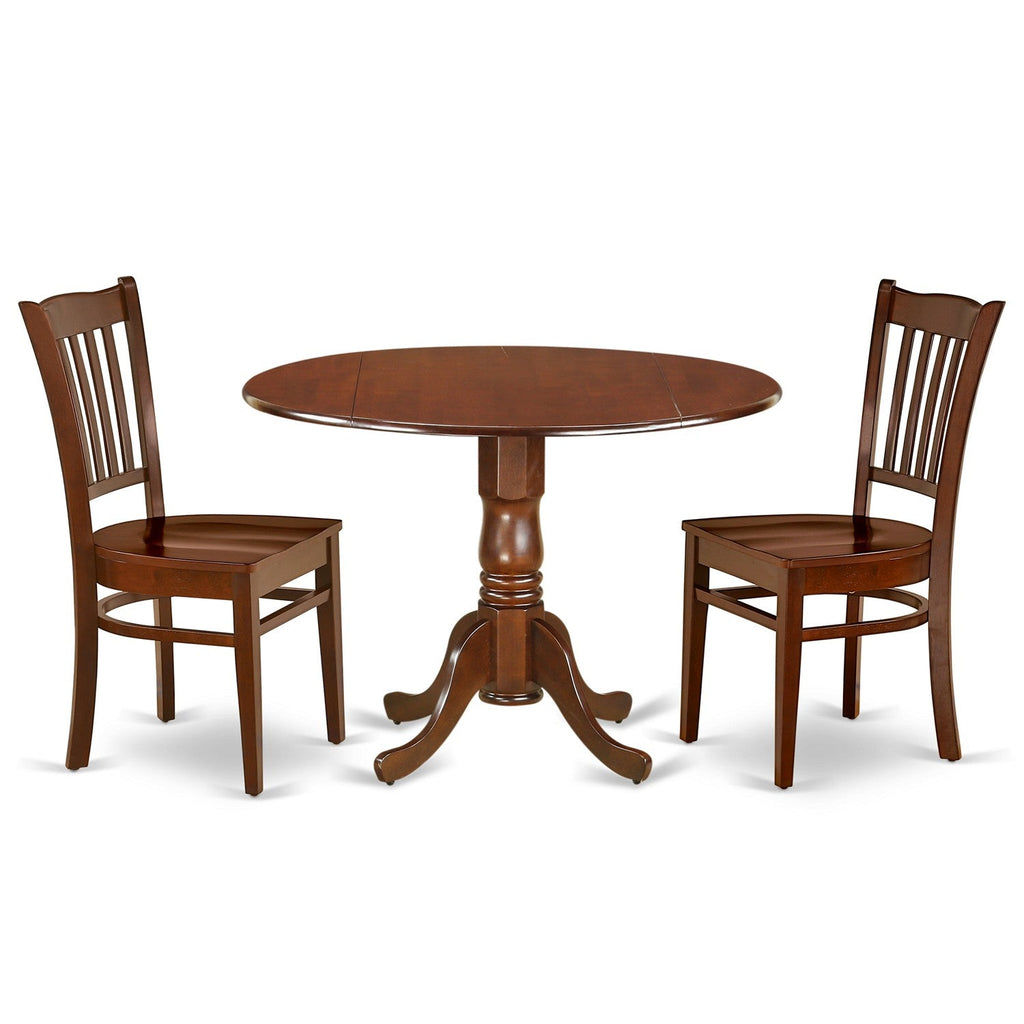 East West Furniture DLGR3-MAH-W 3 Piece Dining Room Table Set  Contains a Round Kitchen Table with Dropleaf and 2 Dining Chairs, 42x42 Inch, Mahogany