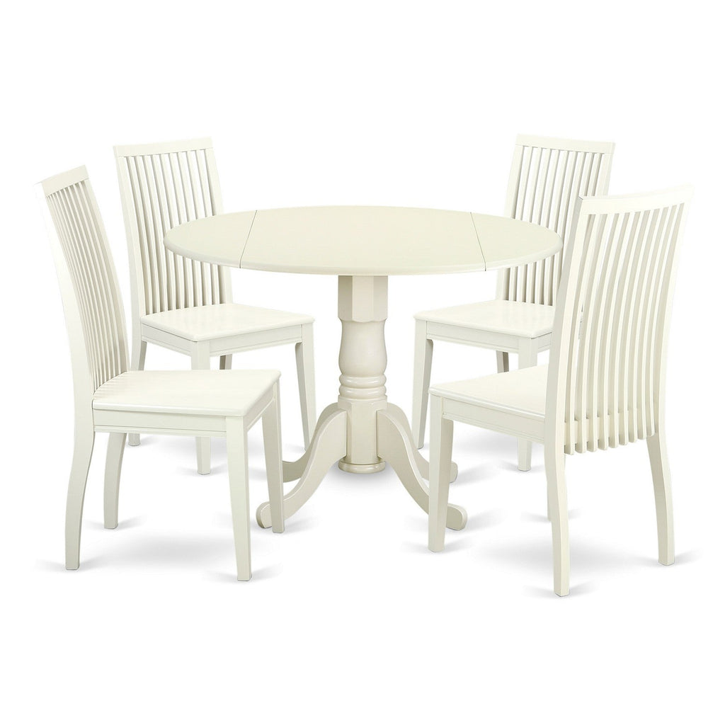 East West Furniture DLIP5-LWH-W 5 Piece Kitchen Table & Chairs Set Includes a Round Dining Table with Dropleaf and 4 Dining Room Chairs, 42x42 Inch, Linen White