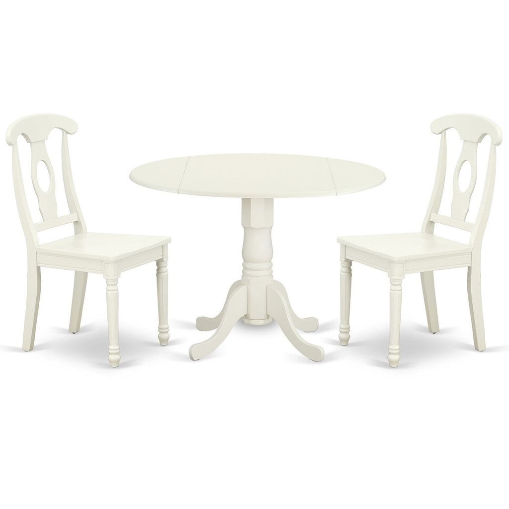 East West Furniture DLKE3-LWH-W 3 Piece Dining Room Table Set  Contains a Round Kitchen Table with Dropleaf and 2 Dining Chairs, 42x42 Inch, Linen White