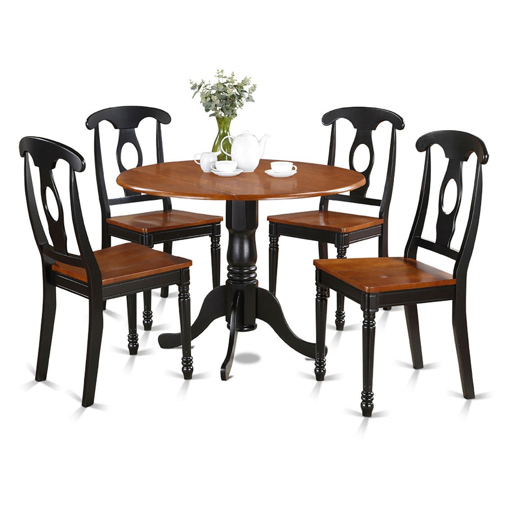 East West Furniture DLKE5-BCH-W 5 Piece Dining Room Furniture Set Includes a Round Dining Table with Dropleaf and 4 Wood Seat Chairs, 42x42 Inch, Black & Cherry