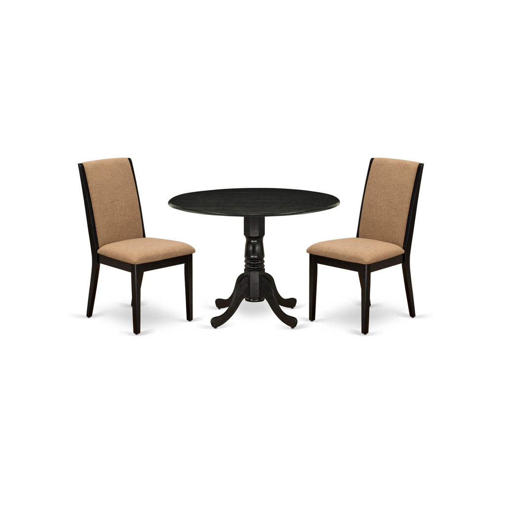 East West Furniture DLLA3-ABK-47 3 Piece Dining Room Table Set  Contains a Round Kitchen Table with Dropleaf and 2 Light Sable Linen Fabric Parson Dining Chairs, 42x42 Inch, Wirebrushed Black