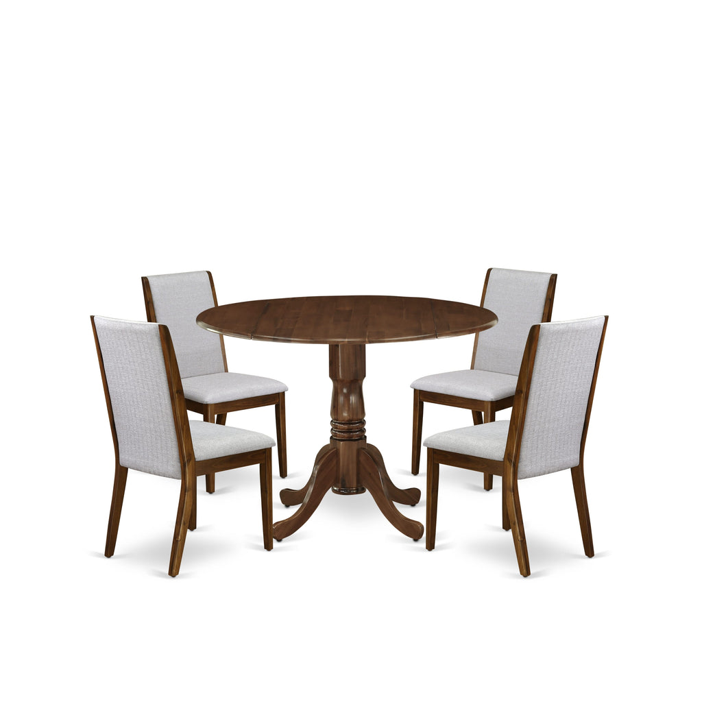 East West Furniture DLLA5-AWA-05 5 Piece Dinette Set for Small Spaces Contains a Round Dining Room Table with Dropleaf and 4 Upholstered Chairs, 42x42 Inch, Antique Walnut