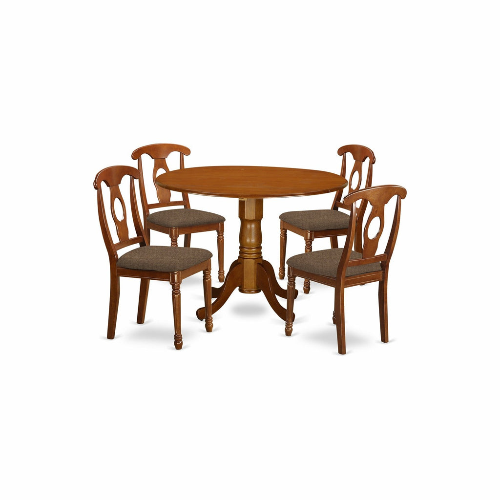 East West Furniture DLNA5-SBR-C 5 Piece Kitchen Table & Chairs Set Includes a Round Dining Room Table with Dropleaf and 4 Linen Fabric Upholstered Chairs, 42x42 Inch, Saddle Brown