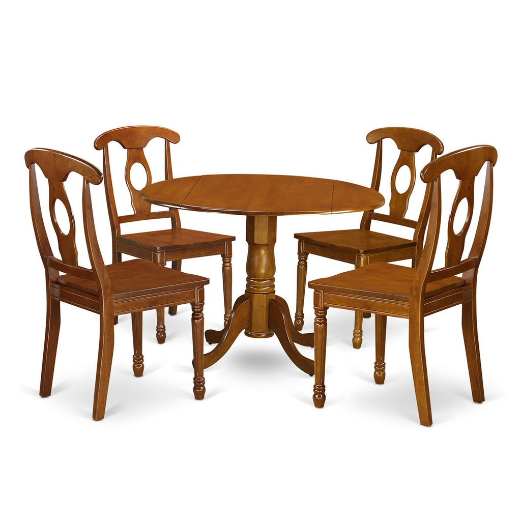 East West Furniture DLNA5-SBR-W 5 Piece Dining Set Includes a Round Dining Room Table with Dropleaf and 4 Wood Seat Chairs, 42x42 Inch, Saddle Brown