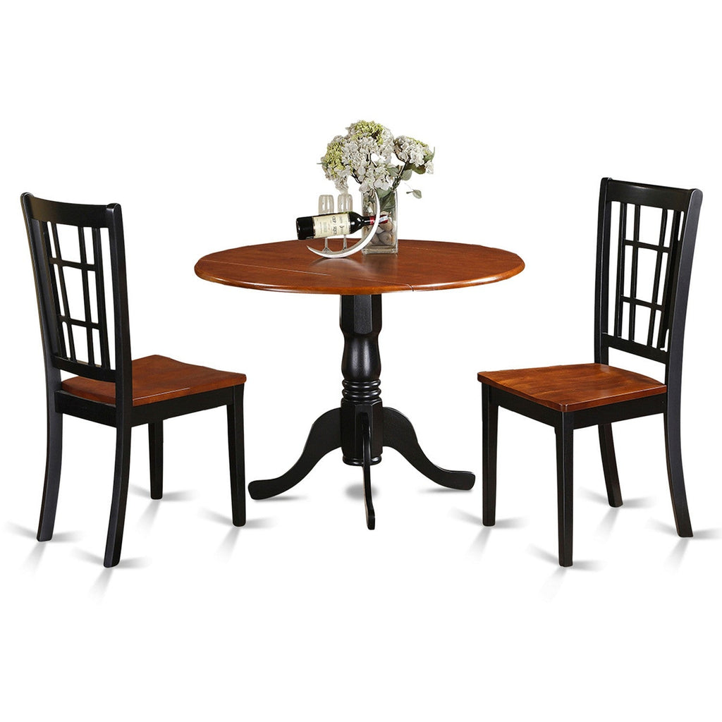 East West Furniture DLNI3-BCH-W 3 Piece Dining Set Contains a Round Dining Room Table with Dropleaf and 2 Kitchen Chairs, 42x42 Inch, Black & Cherry