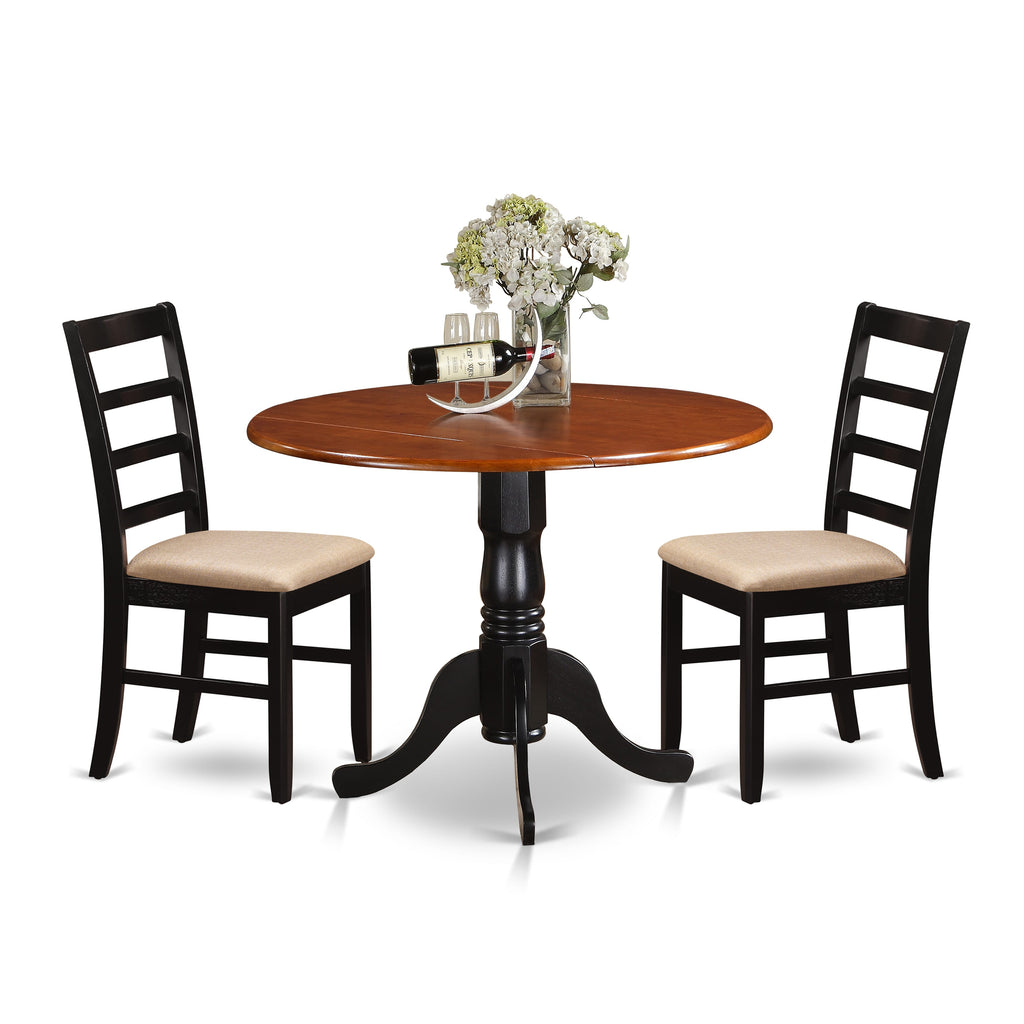 East West Furniture DLPF3-BCH-C 3 Piece Dining Set Contains a Round Dining Room Table with Dropleaf and 2 Linen Fabric Upholstered Kitchen Chairs, 42x42 Inch, Black & Cherry