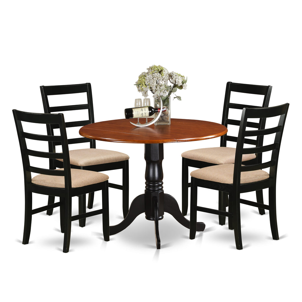 East West Furniture DLPF5-BCH-C 5 Piece Kitchen Table & Chairs Set Includes a Round Dining Room Table with Dropleaf and 4 Linen Fabric Upholstered Chairs, 42x42 Inch, Black & Cherry