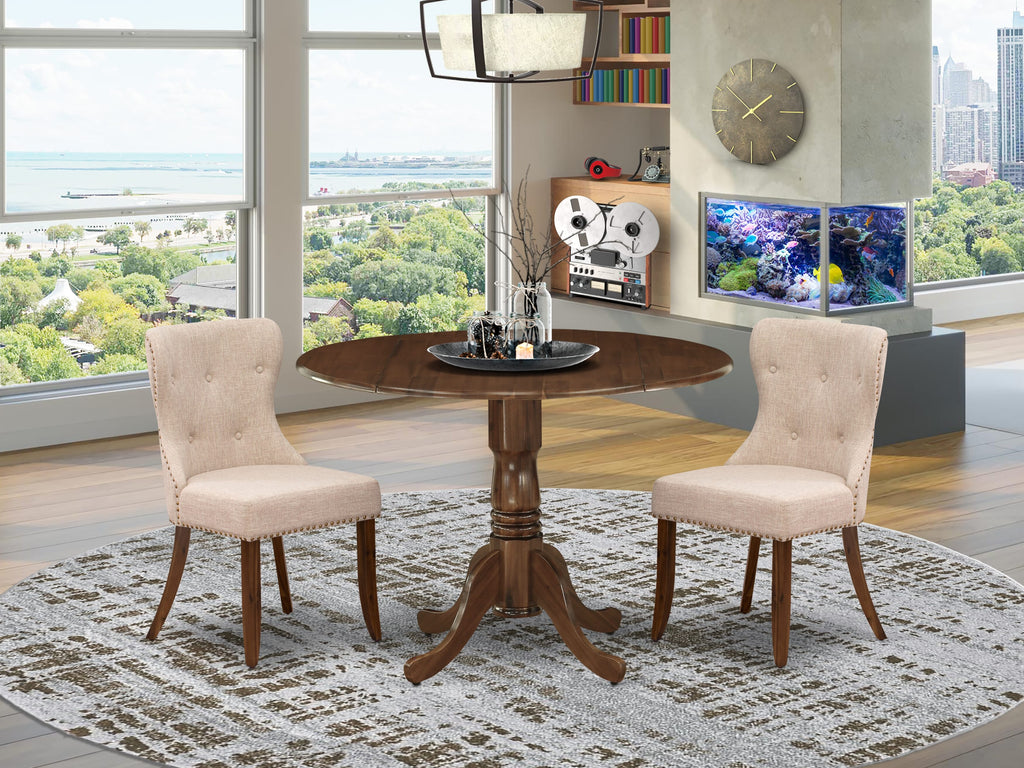 East West Furniture DLSI3-AWA-04 3 Piece Dining Set Contains a Round Kitchen Table with Dropleaf and 2 Upholstered Parson Chairs, 42x42 Inch, Antique Walnut