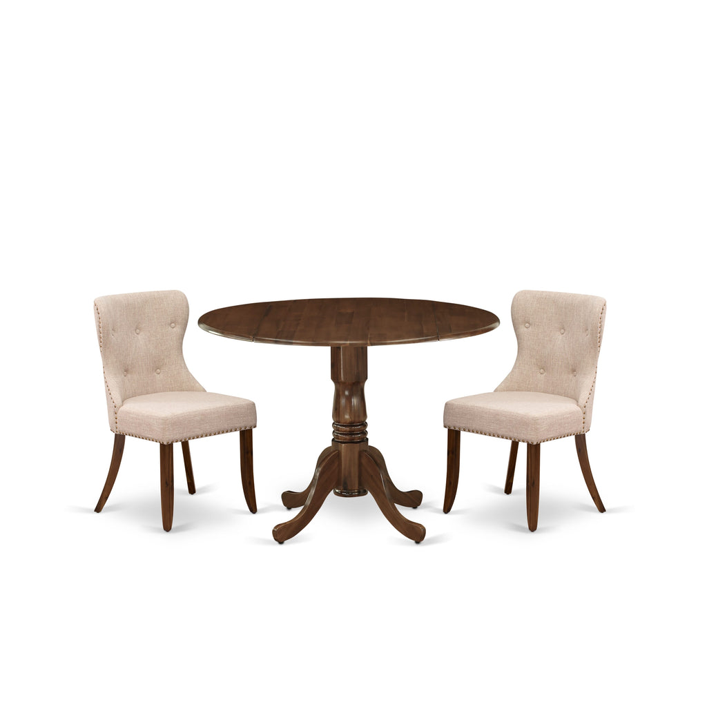 East West Furniture DLSI3-AWA-04 3 Piece Dining Set Contains a Round Kitchen Table with Dropleaf and 2 Upholstered Parson Chairs, 42x42 Inch, Antique Walnut