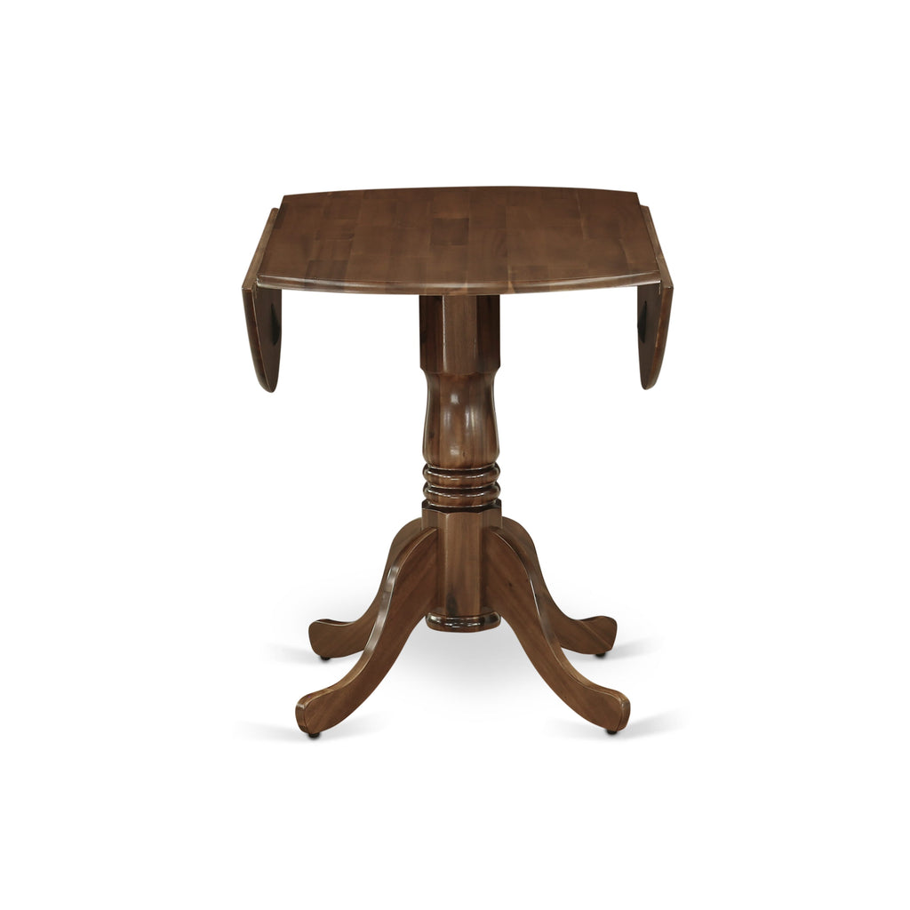 East West Furniture DSX25-AWA-28 5-piece Dining Table Set consists of a Round Kitchen Table and 4 Brown Textured Faux Leather stackable Dining Chair, Antique Walnut Finish.