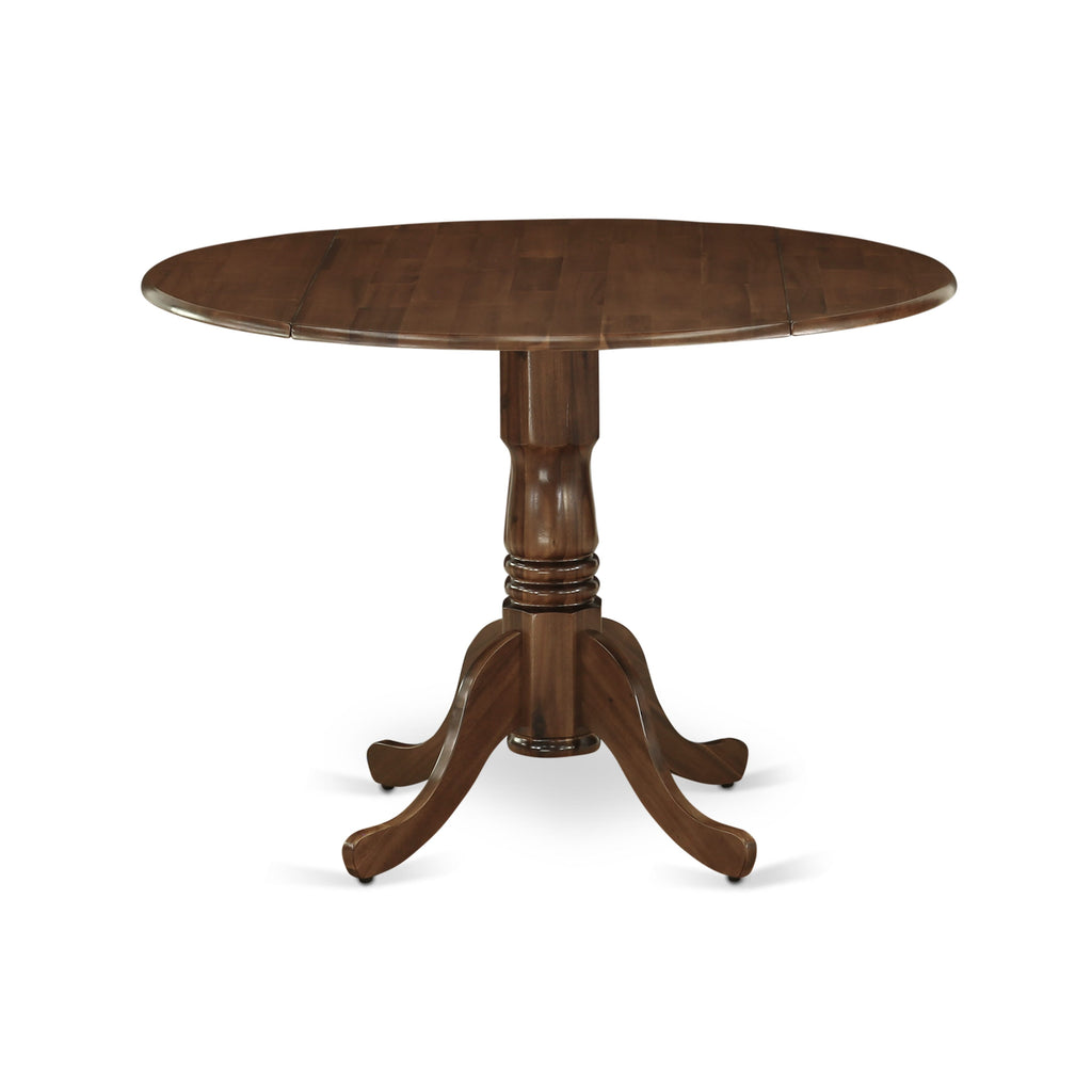 East West Furniture DSX23-AWA-28 3-piece Modern Dining Table set included a Round Kitchen Table and 2 Brown Textured Faux Leather stackable Dining Chair, Antique Walnut Finish.