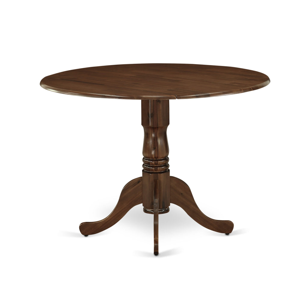 East West Furniture DSX15-AWA-04 5-piece Dining Room Table Set consists of a Round Kitchen Table and 4 Light Tan Linen Fabric stackable Dining Chair, Antique Walnut Finish.