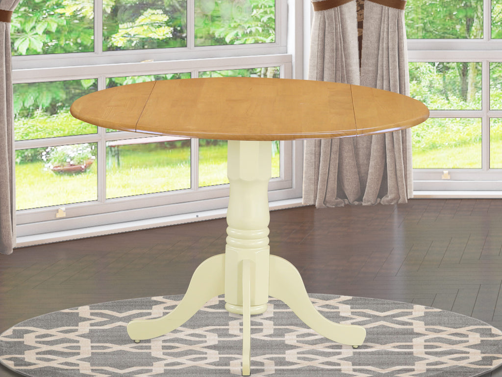 East West Furniture DLT-OMK-TP Dublin Dining Room Table - a Round kitchen Table Top with Dropleaf & Pedestal Base