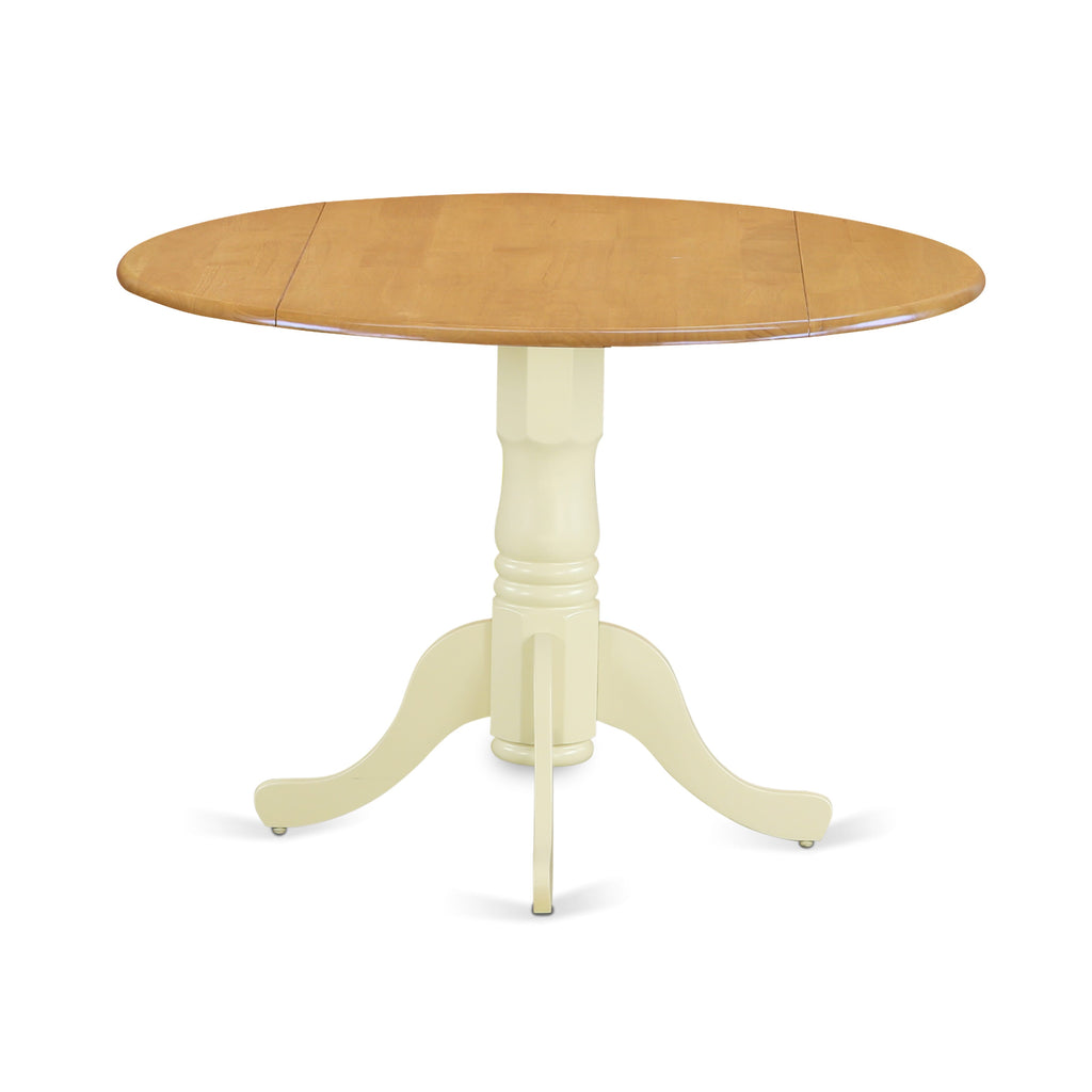 East West Furniture DLT-OMK-TP Dublin Dining Room Table - a Round kitchen Table Top with Dropleaf & Pedestal Base