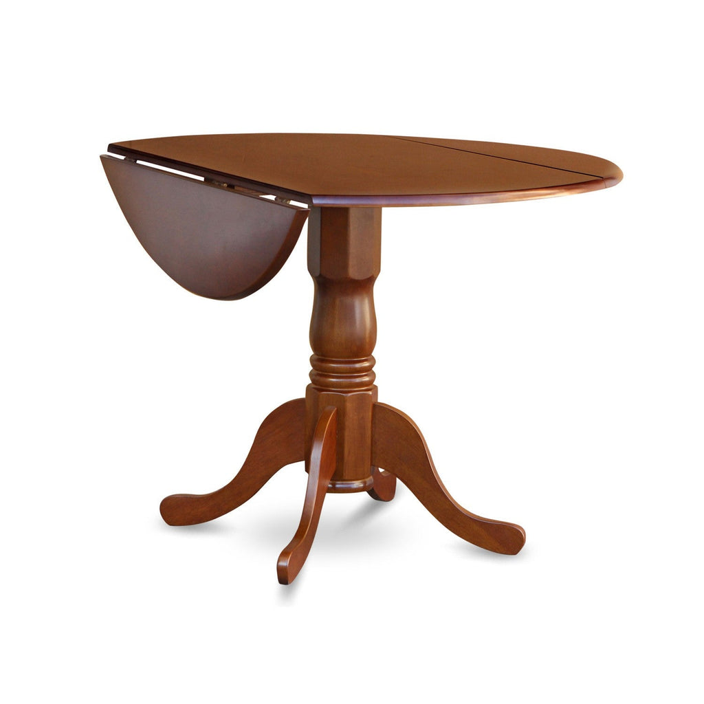 East West Furniture DLPL3-SBR-C 3 Piece Dining Room Table Set  Contains a Round Kitchen Table with Dropleaf and 2 Linen Fabric Upholstered Dining Chairs, 42x42 Inch, Saddle Brown