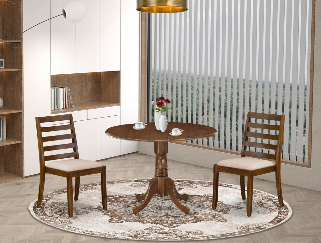 East West Furniture DLX13-AWA-04 3-piece Modern Dining Table set includes a Round Kitchen Table and 2 Light Tan Linen Fabric stackable Dining Chair, Antique Walnut Finish.