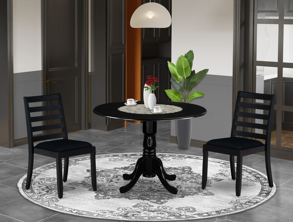 East West Furniture DLX13-BLK-24 -3 Piece Dining Set Includes a Round Kitchen Table with Black Tabletop and 2 Stackable Linen Fabric Chairs, Black