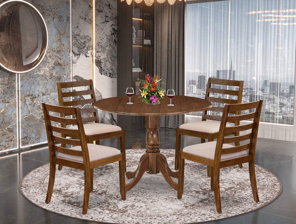 East West Furniture DLX15-AWA-04 5-piece Dining Room set consists of a Round Kitchen Table and 4 Light Tan Linen Fabric stackable Dining Chair, Antique Walnut Finish.