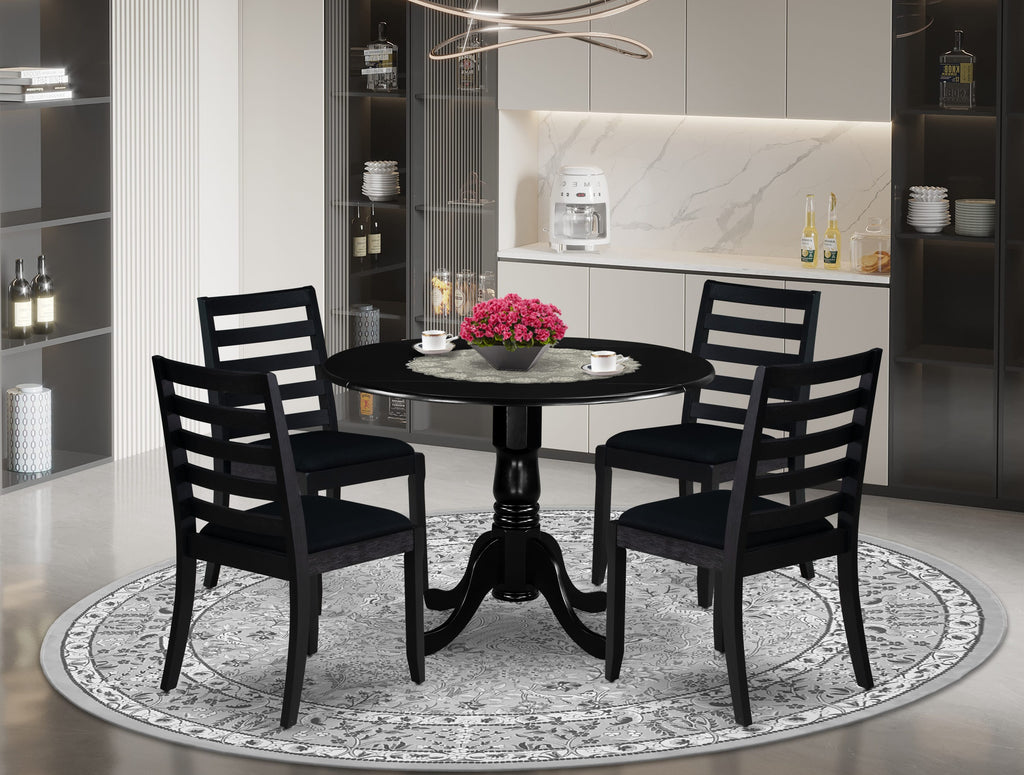 East West Furniture DLX23-BLK-30 -3 Piece Dining Set Includes a Round Kitchen Table with Black Tabletop and 2 Stackable Faux Leather Chairs, Black