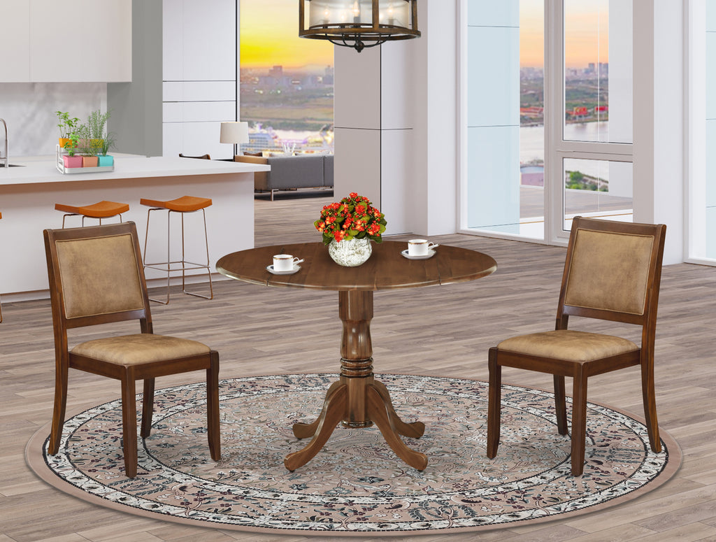 East West Furniture DLX23-AWA-28 3-piece Mid-century Dining Table set consists of a Round Kitchen Table and 2 Brown Texture Faux Leather stackable Dining Chair, Antique Walnut Finish.