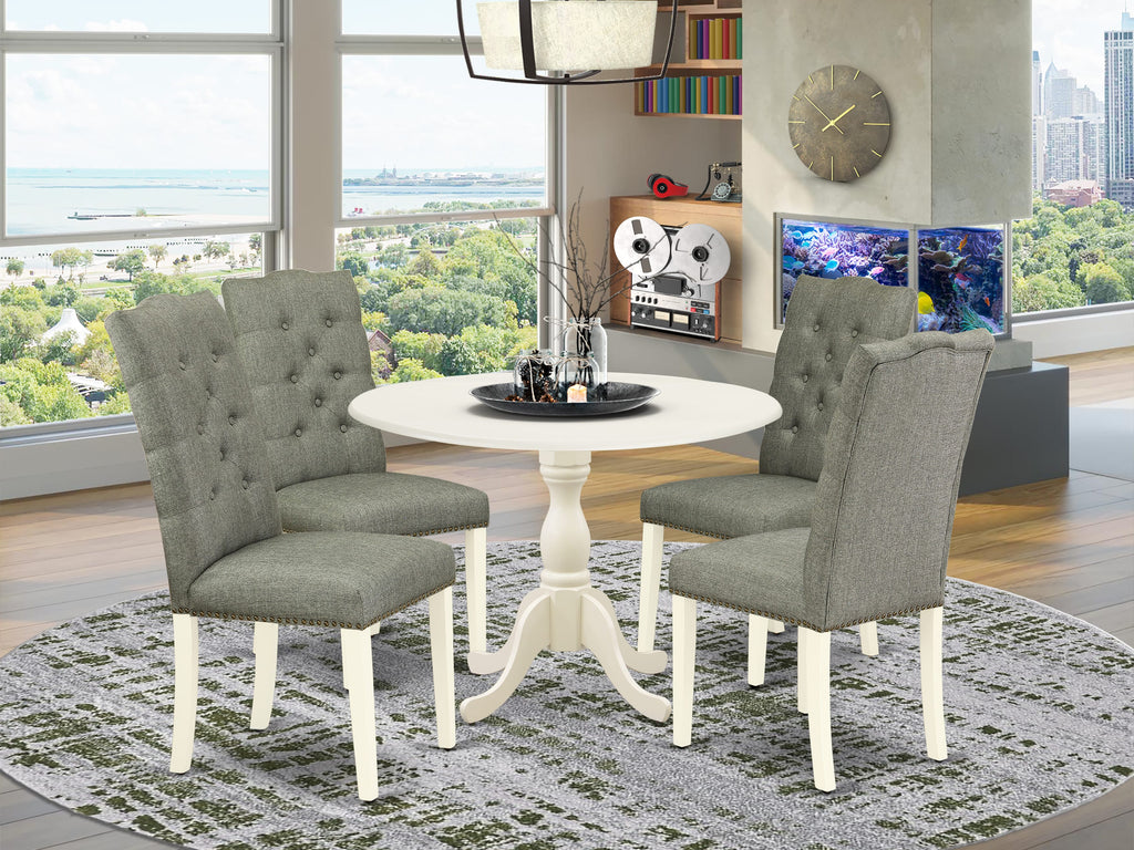 East West Furniture DMEL5-LWH-07 5 Piece Modern Dining Table Set Includes a Round Wooden Table with Dropleaf and 4 Gray Linen Fabric Parson Dining Chairs, 42x42 Inch, Linen White