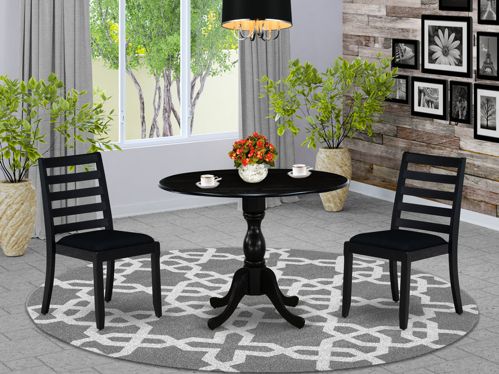 East West Furniture DMX13-ABK-24 -3 Piece Dining Set Includes a Round Kitchen Table with Wire Brushed Black Tabletop & 2 Stackable Linen Fabric Chairs, Wire Brushed Black