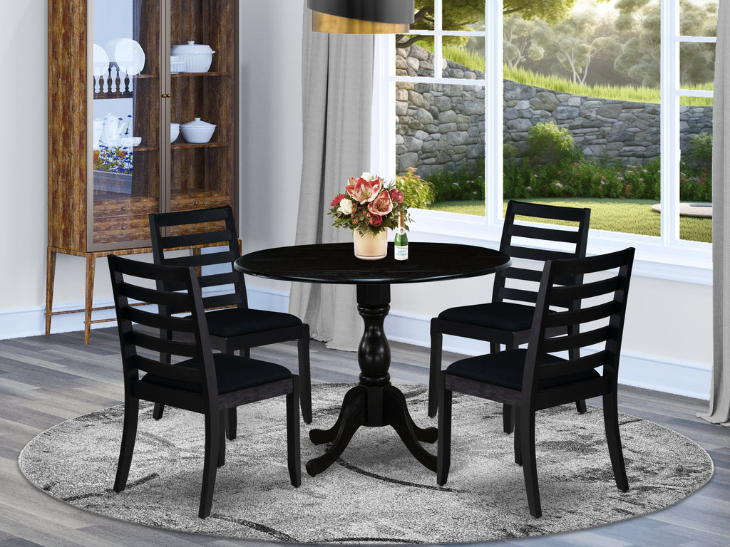 East West Furniture DMX15-ABK-24 -5 Piece Dining Set Includes a Round Kitchen Table with Wire Brushed Black Tabletop & 4 Stackable Linen Fabric Chairs, Wire Brushed Black