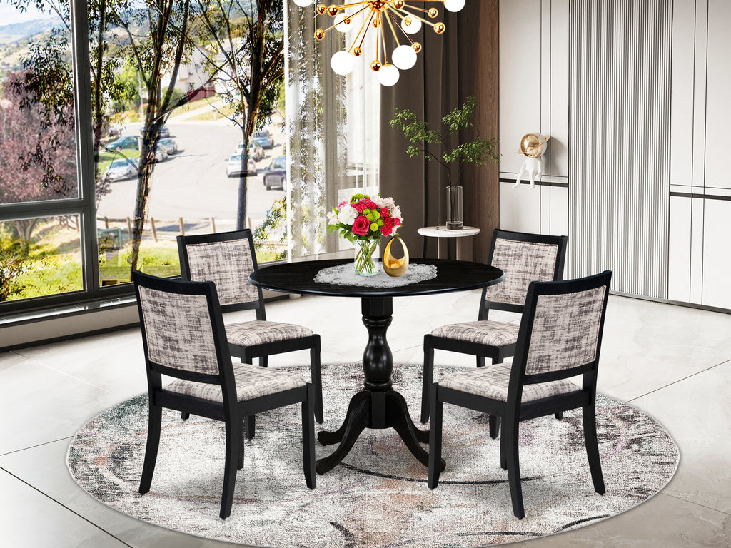 East West Furniture DMX25-ABK-30 -5 Piece Dining Set Includes a Round Kitchen Table with Wire Brushed Black Tabletop & 4 Stackable Linen Fabric Chairs, Wire Brushed Black