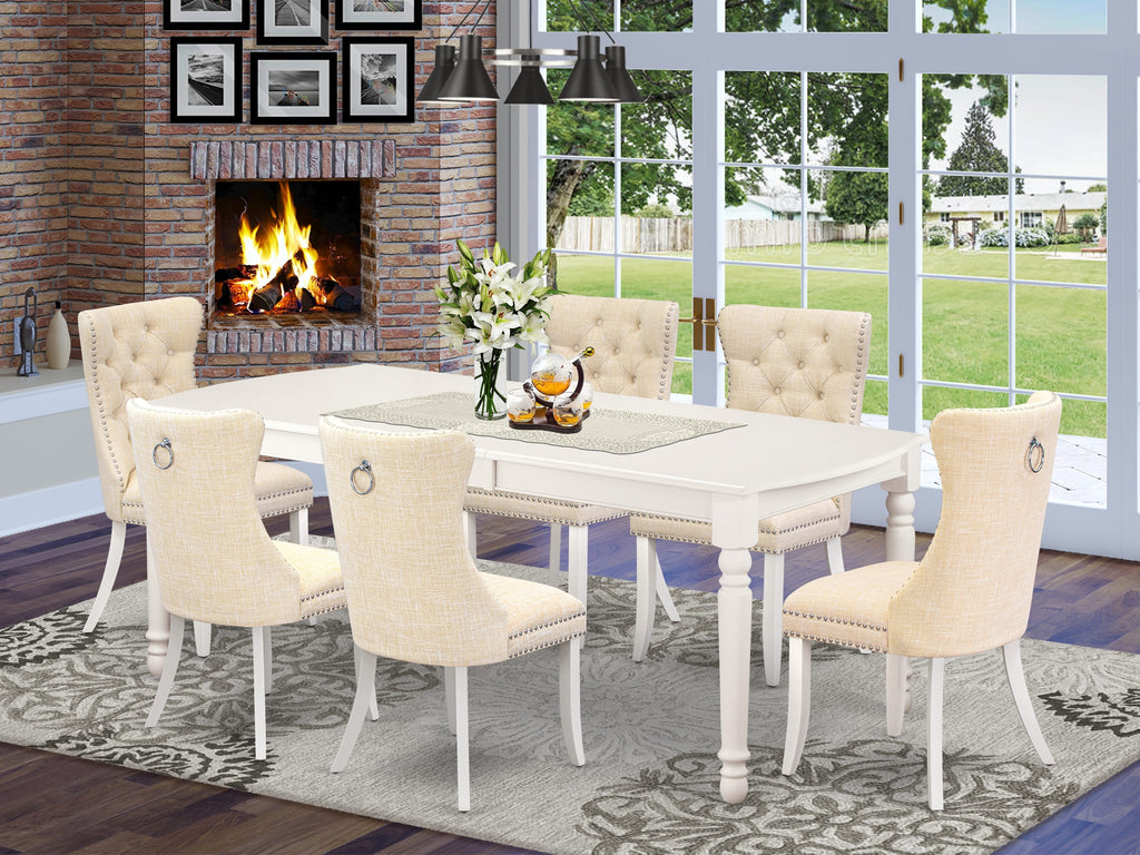 East West Furniture DODA7-LWH-32 7 Piece Dining Set Includes a Rectangle Kitchen Table with Butterfly Leaf and 6 Upholstered Chairs, 42x78 Inch, linen white