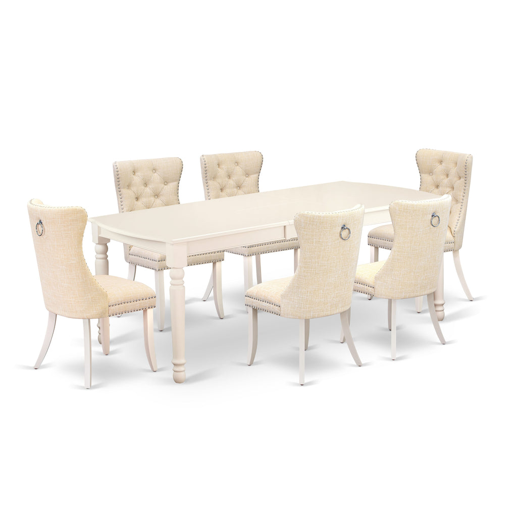 East West Furniture DODA7-LWH-32 7 Piece Dining Set Includes a Rectangle Kitchen Table with Butterfly Leaf and 6 Upholstered Chairs, 42x78 Inch, linen white