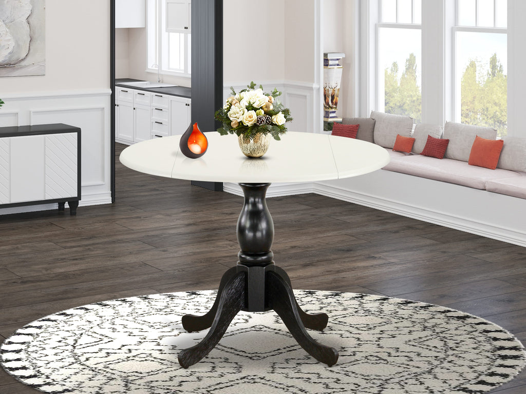 EAST WEST FURNITURE - DST-LBK-TP - Round Kitchen Table with Drop Leaves - linen white Table Top and Black Pedestal Leg Finish
