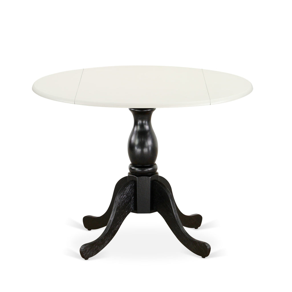 EAST WEST FURNITURE - DST-LBK-TP - Round Kitchen Table with Drop Leaves - linen white Table Top and Black Pedestal Leg Finish